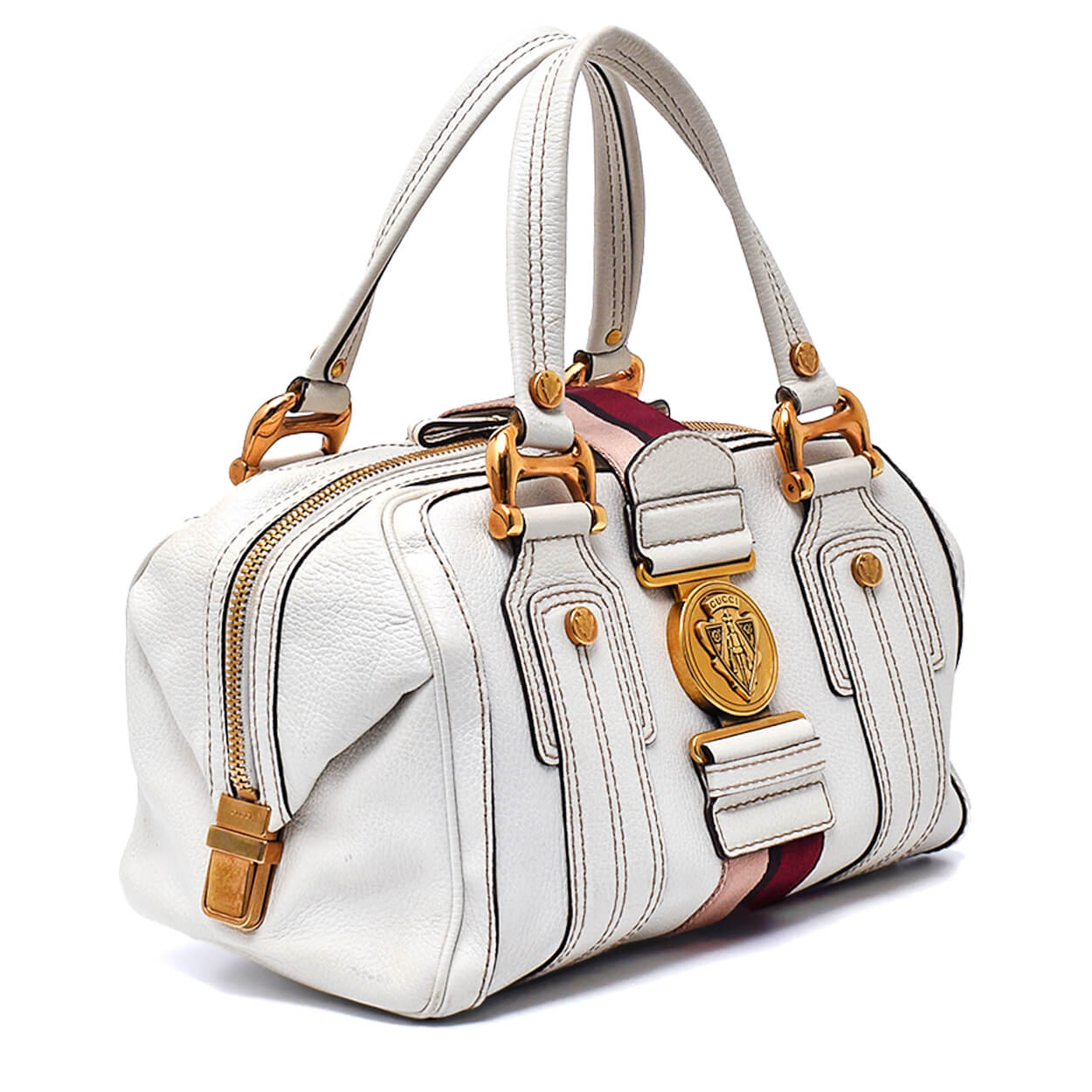 Gucci-White Leather Aviatrix Medium Boston Bag